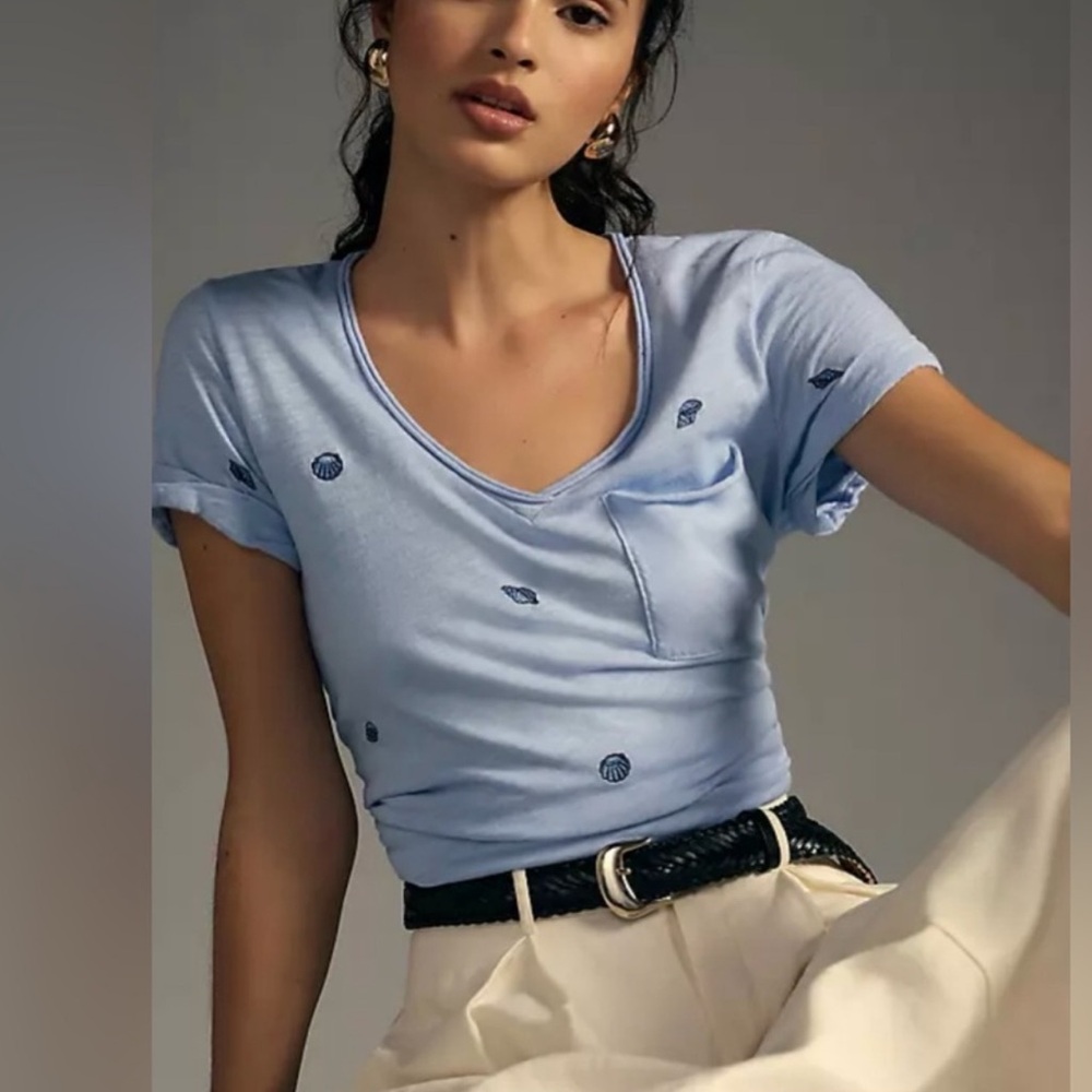 Anthropologie Seashell Blue V-Neck Tee with Pocket